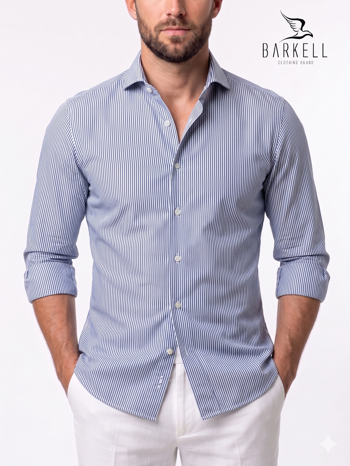 Camicia in Cotone Rigata Bianca e Blu Collo Francese Spread