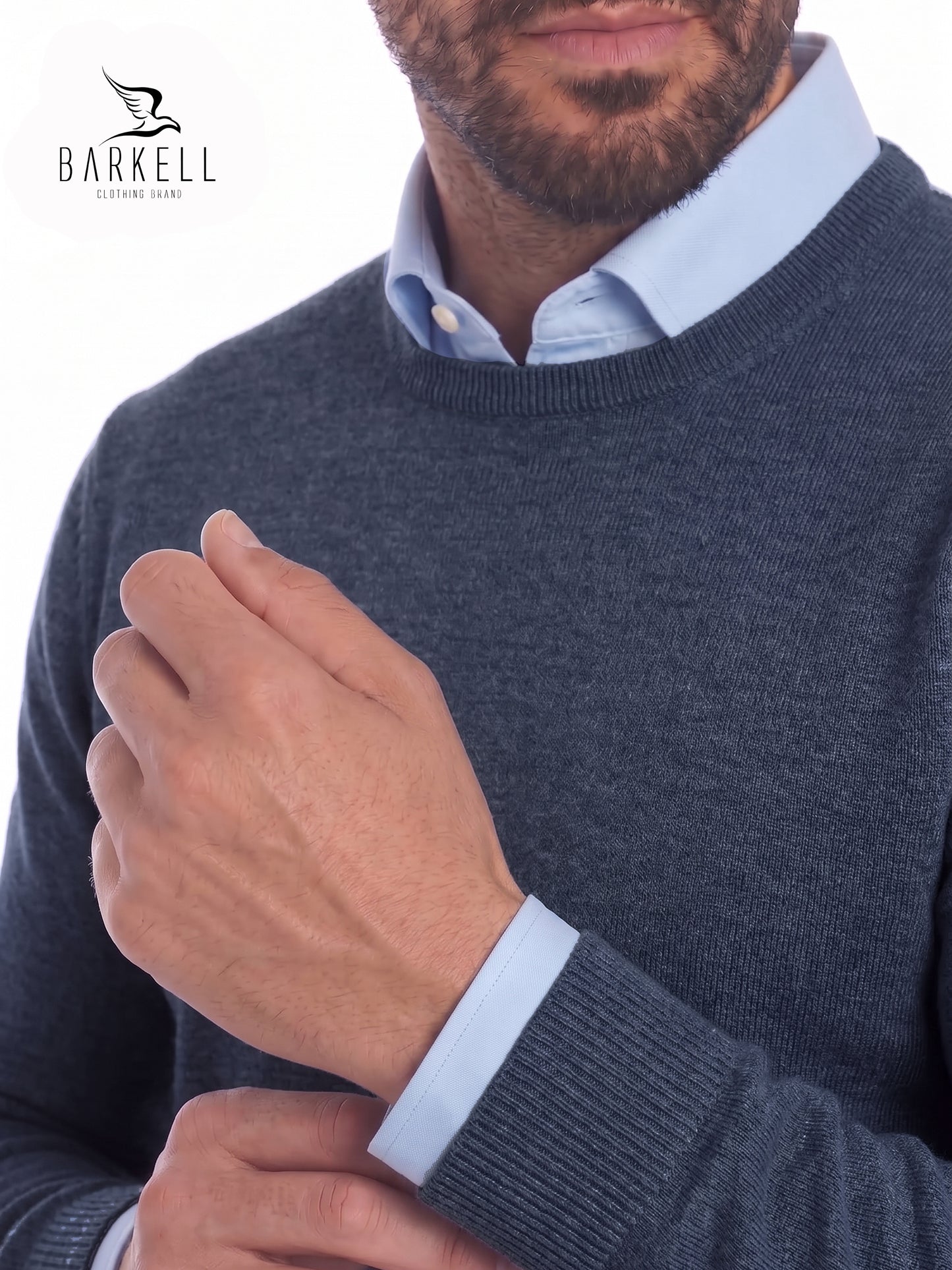 Pull à col rond en pure laine mérinos extrafine en bleu denim