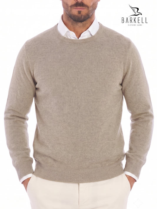 Maglia Girocollo Rasata in Misto Lana con 5% di Cashmere Color Beige