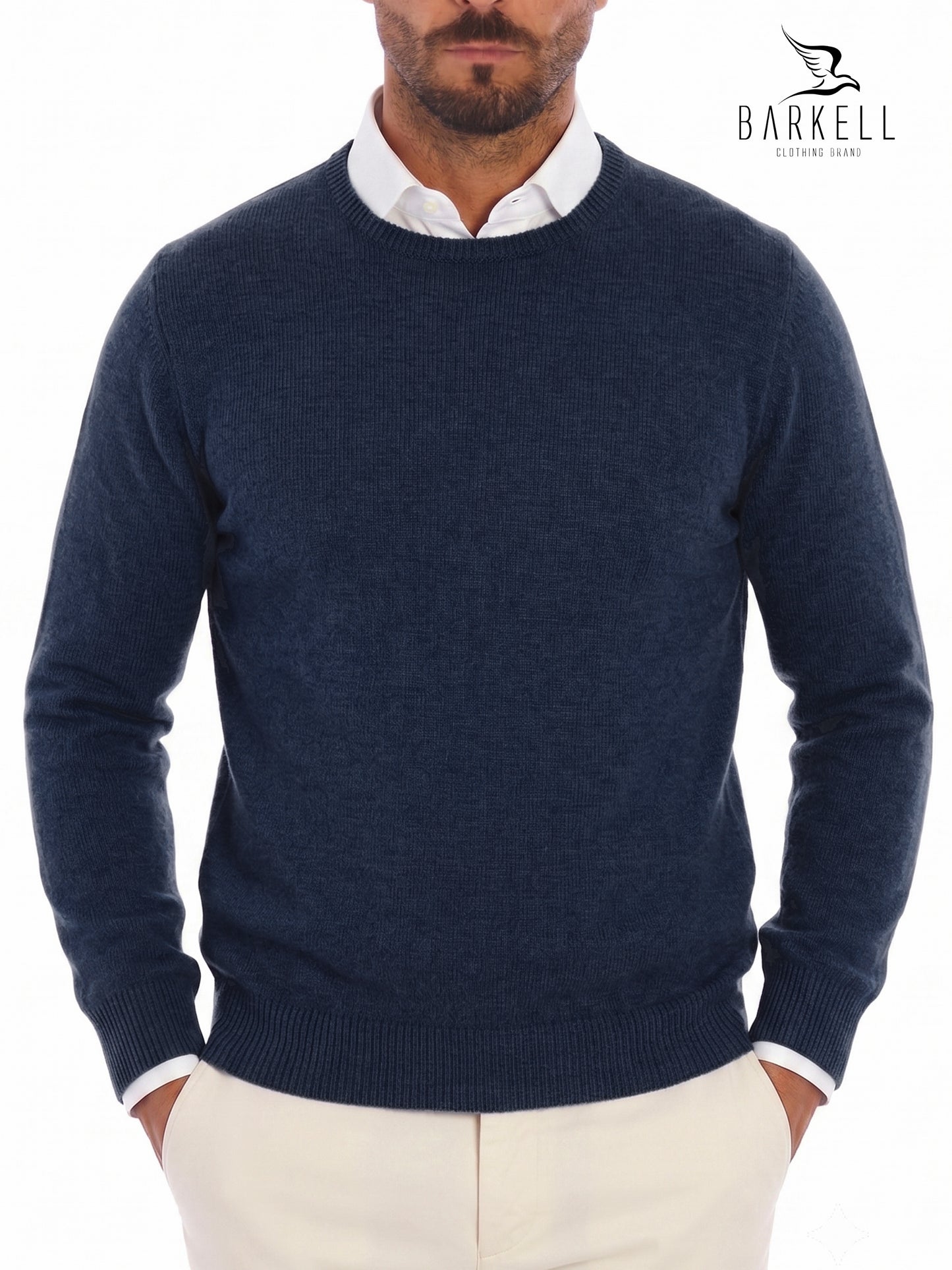 Pull col rond en laine mélangée avec 5% cachemire de couleur noyer