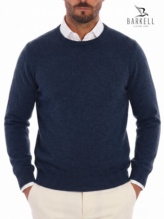 Maglia Girocollo Rasata in Misto Lana con 5% di Cashmere Color Blu
