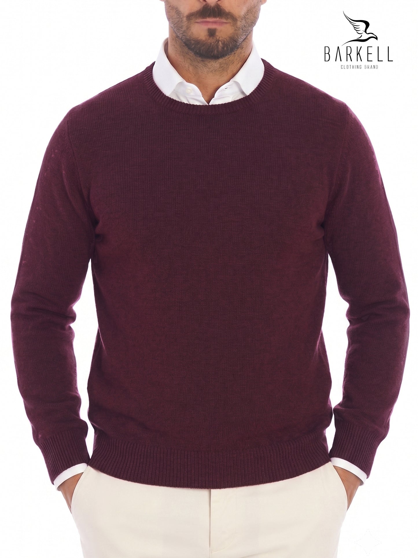 Pull col rond en laine mélangée avec 5% cachemire de couleur noyer