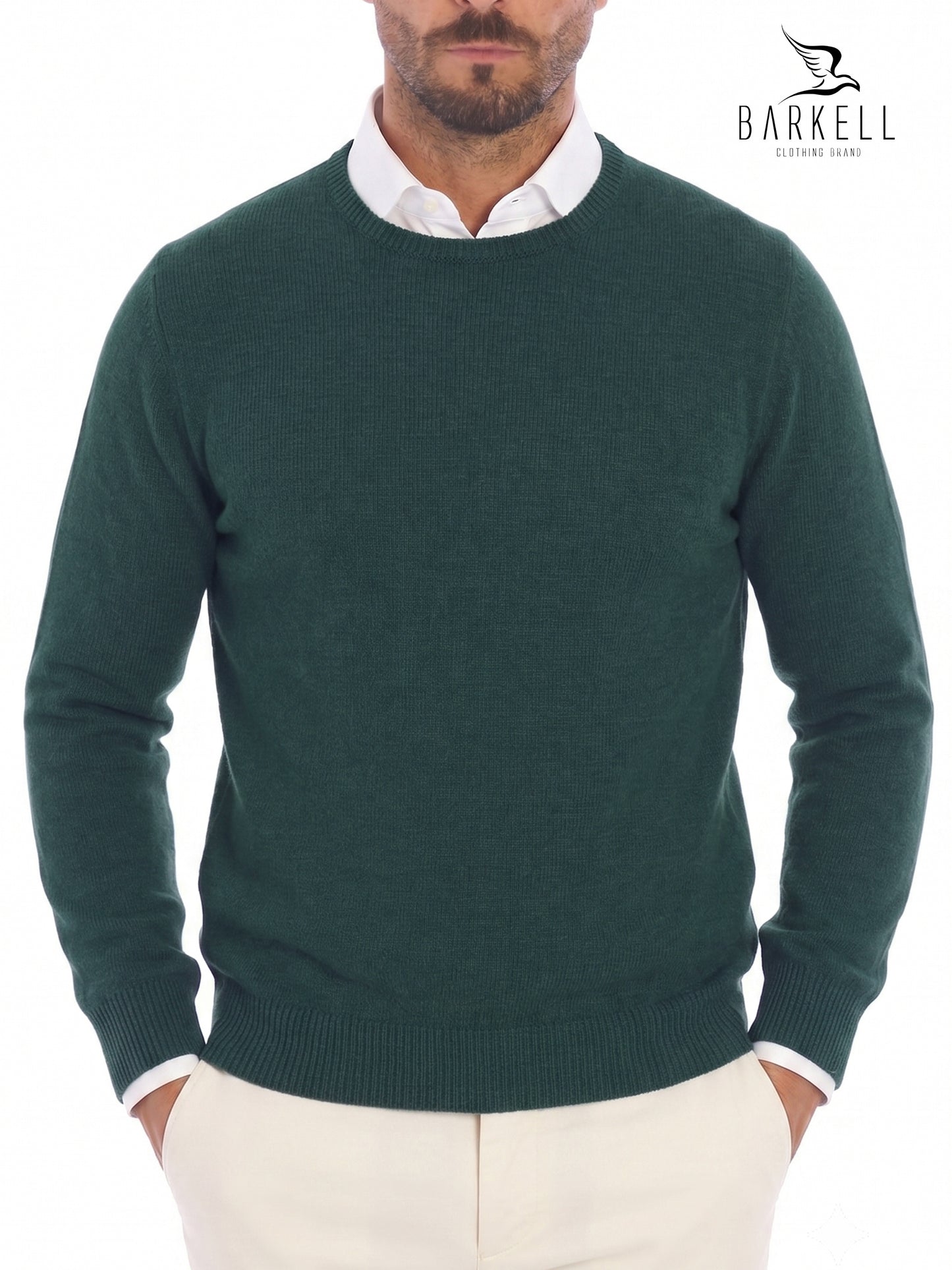 Pull col rond en laine mélangée avec 5% cachemire de couleur noyer