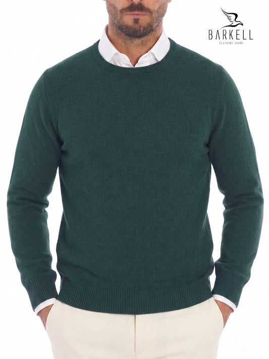 Maglia Girocollo Rasata in Misto Lana con 5% di Cashmere Color Verde Bottiglia