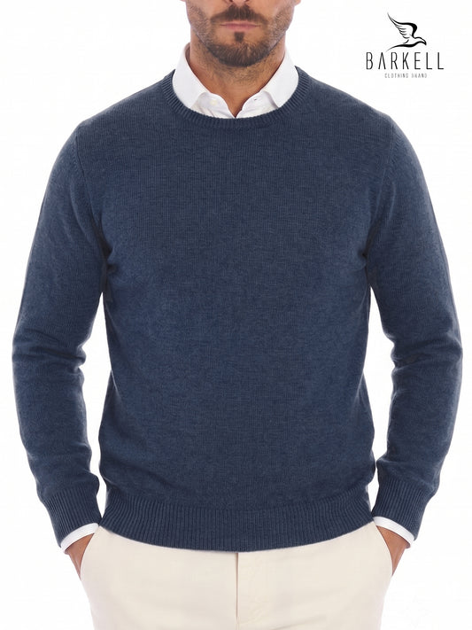 Maglia Girocollo Rasata in Misto Lana con 5% di Cashmere Color Blu Denim
