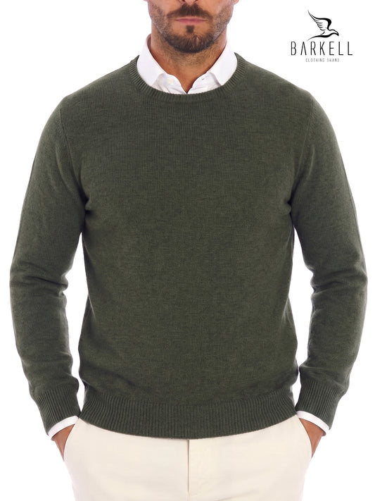 Maglia Girocollo Rasata in Misto Lana con 5% di Cashmere Color Verde Militare