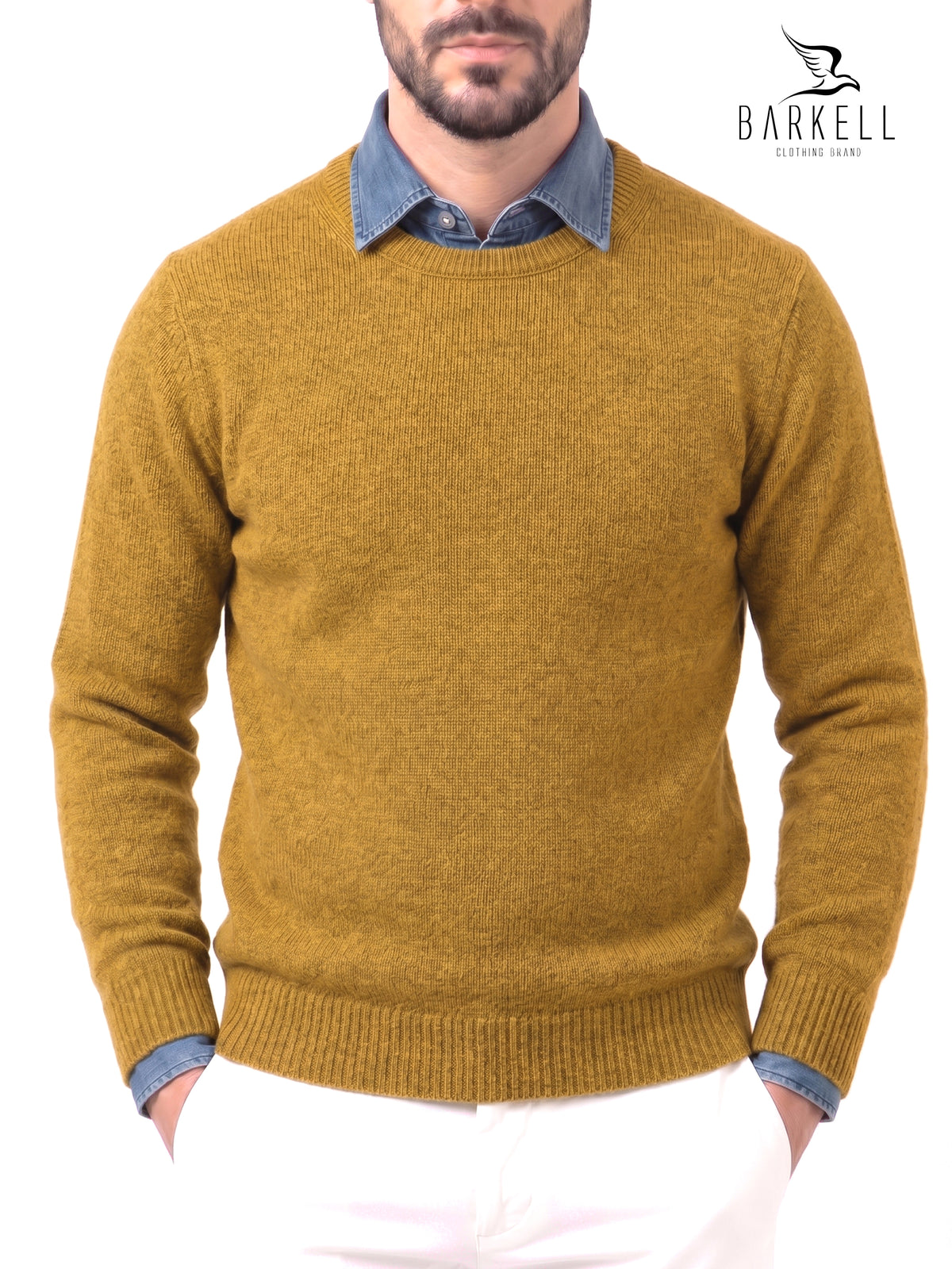 Ocher-colored crew-neck sweater in wool blend with 5% cashmere