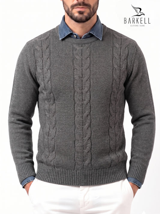 Crew-neck cable-knit sweater in gray wool blend