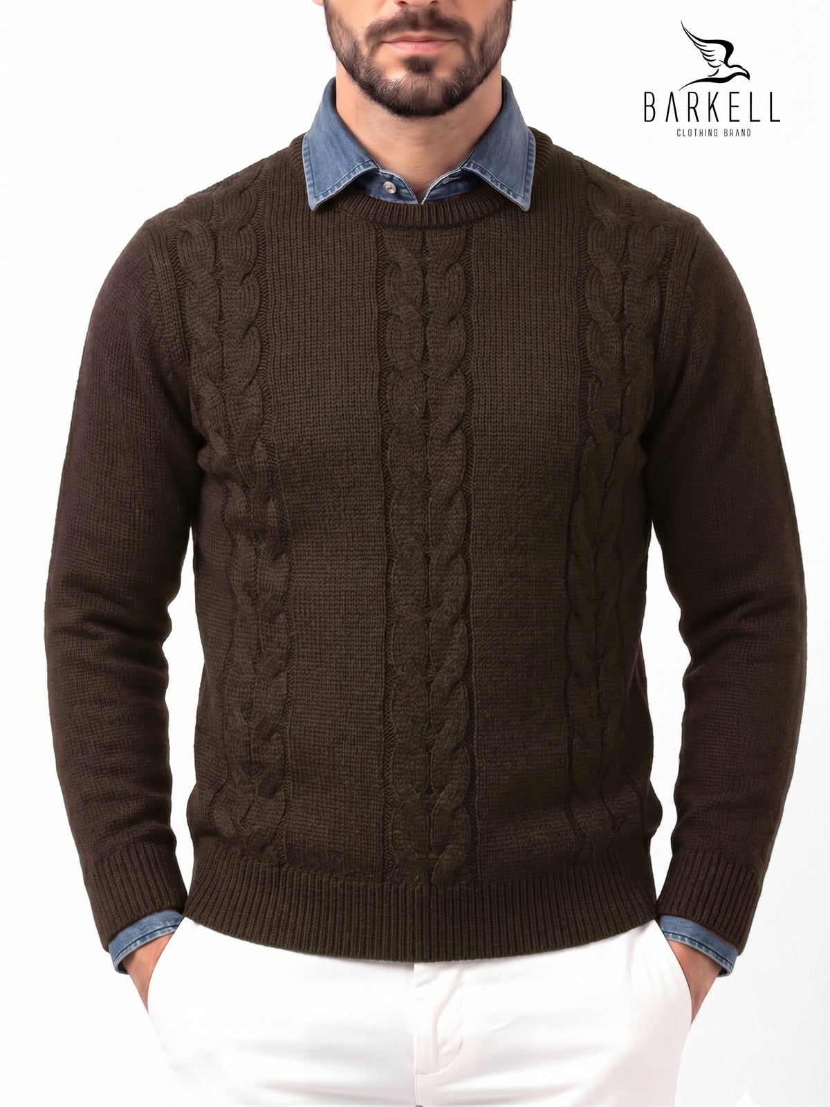 Maglia Girocollo a Trecce in Misto Lana Color Moro