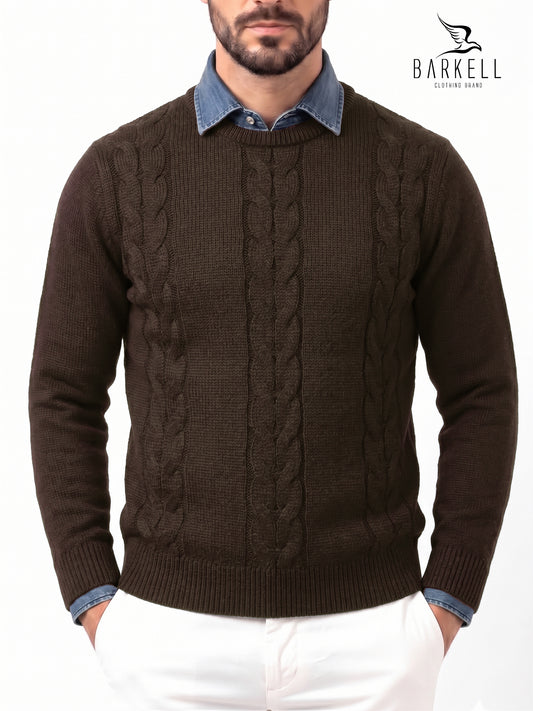 Crewneck Cable Sweater in Brown Wool Blend
