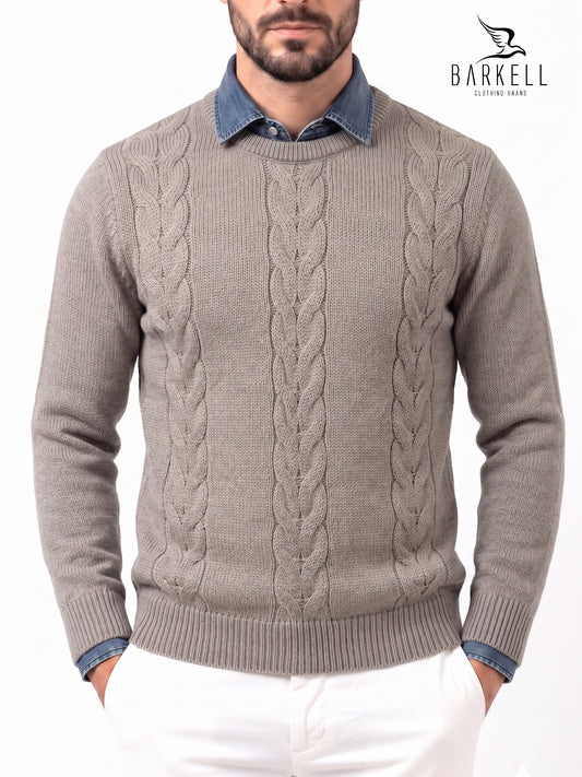 Crewneck cable-knit sweater in sand-colored wool blend