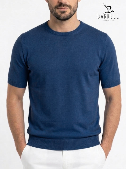 Maglia Mezza Manica Girocollo in Puro Cotone Leggero Color Avio