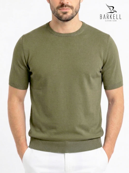 Maglia Mezza Manica Girocollo in Puro Cotone Leggero Color Verde Oliva