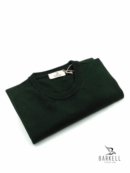 Maglia Girocollo Rasata in Pura Lana Merinos Extrafine Color Verde Bottiglia