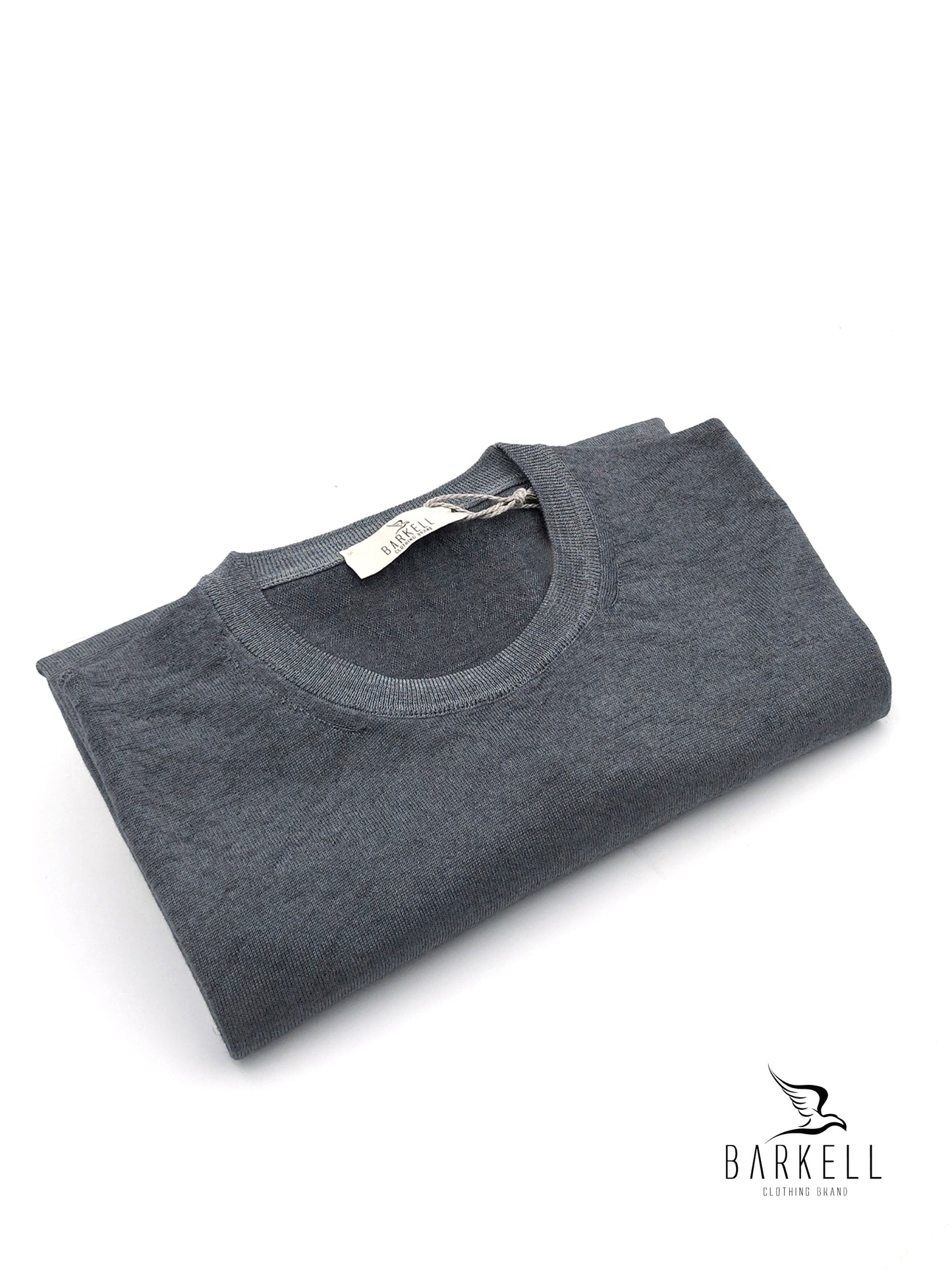 Crew-neck sweater in pure extrafine merino wool, delavè, in vintage ice grey