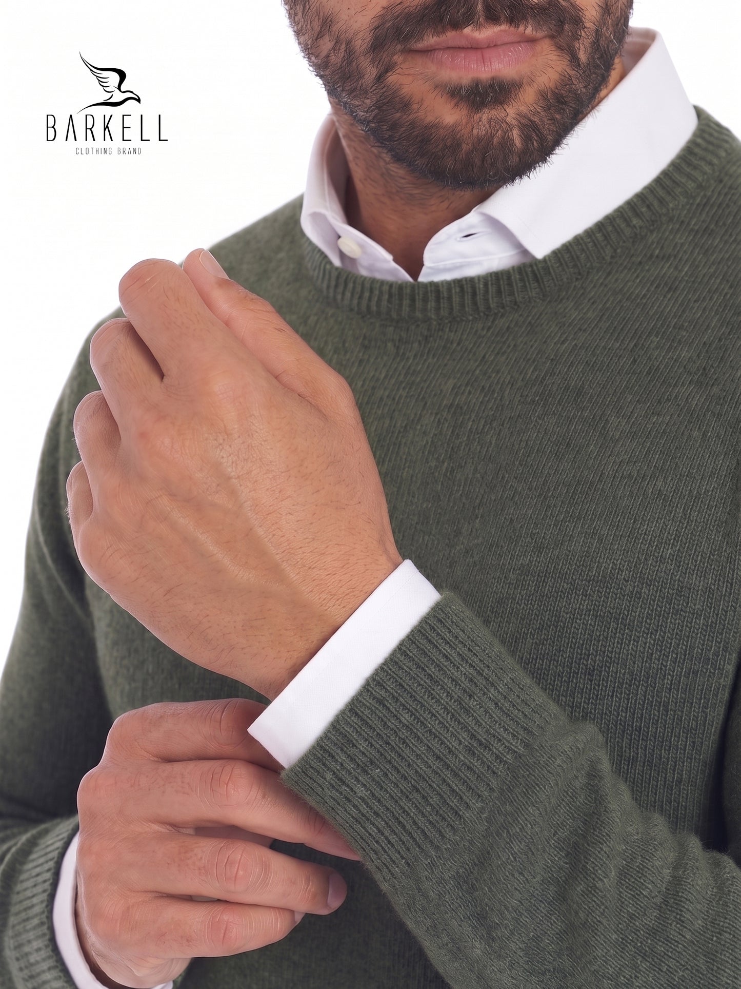 Maglia Girocollo Rasata in Misto Lana con 5% di Cashmere Color Verde Militare