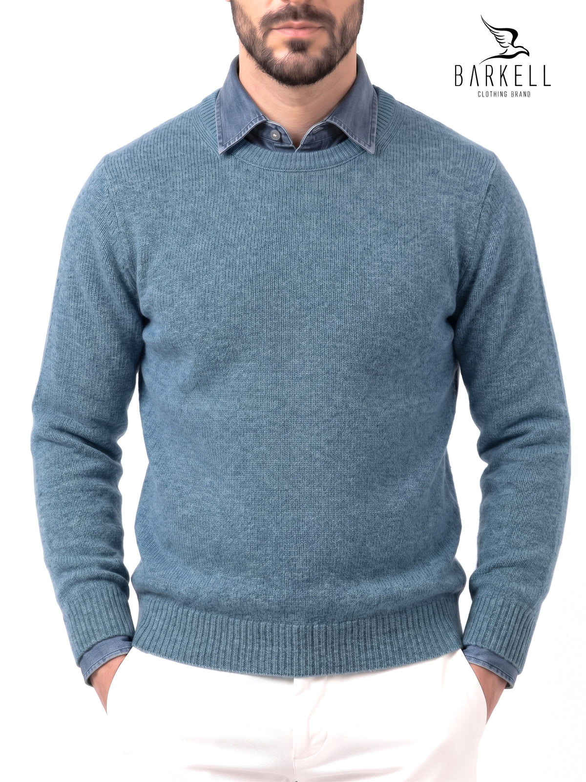 Maglia Girocollo in Misto Lana Cardata Color Azzurro