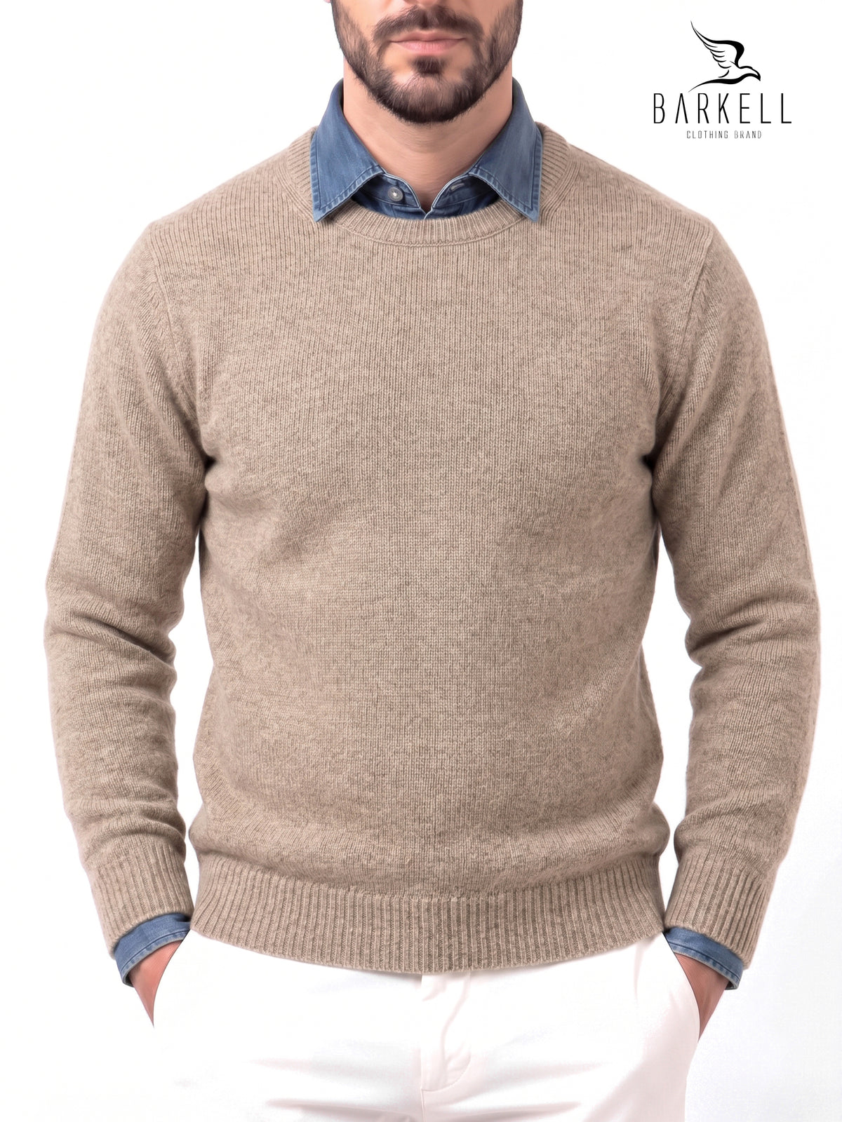 Ocher-colored crew-neck sweater in wool blend with 5% cashmere