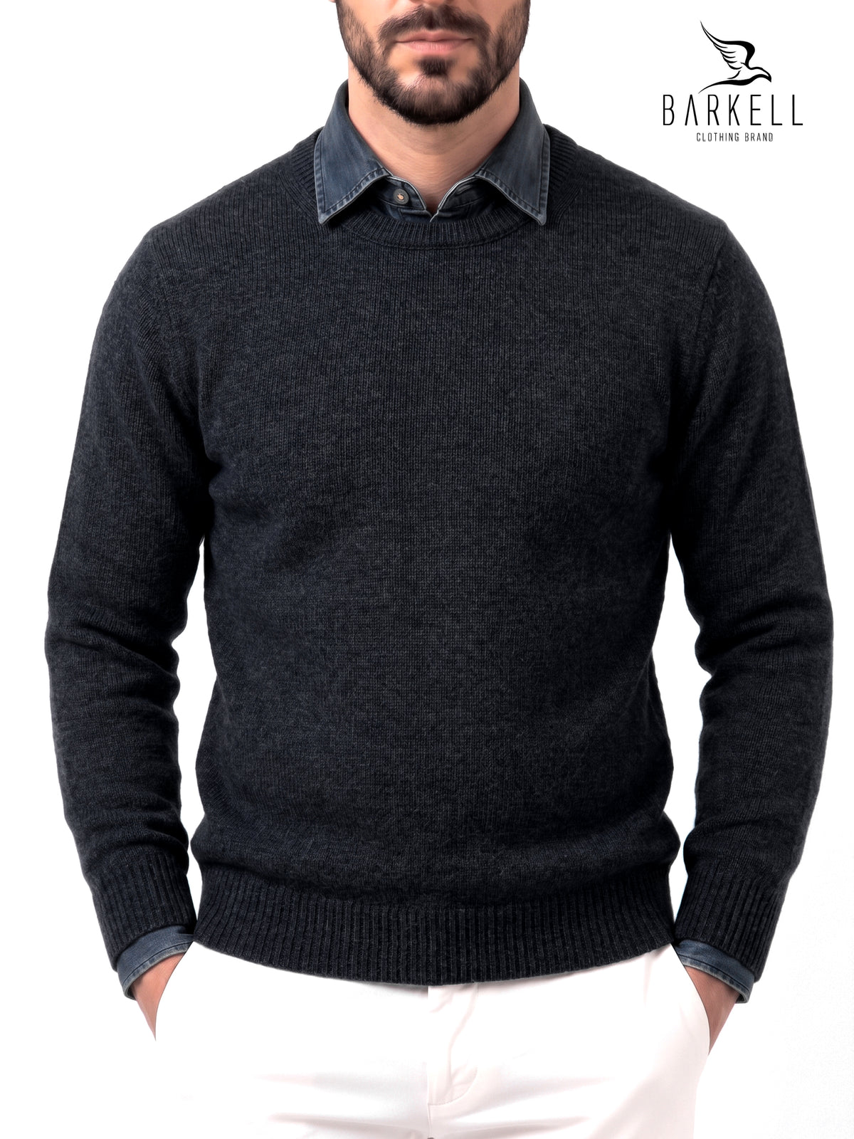Maglia Girocollo in Misto Lana Cardata Color Blu