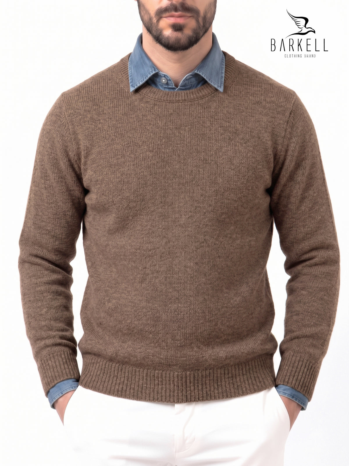 Ocher-colored crew-neck sweater in wool blend with 5% cashmere