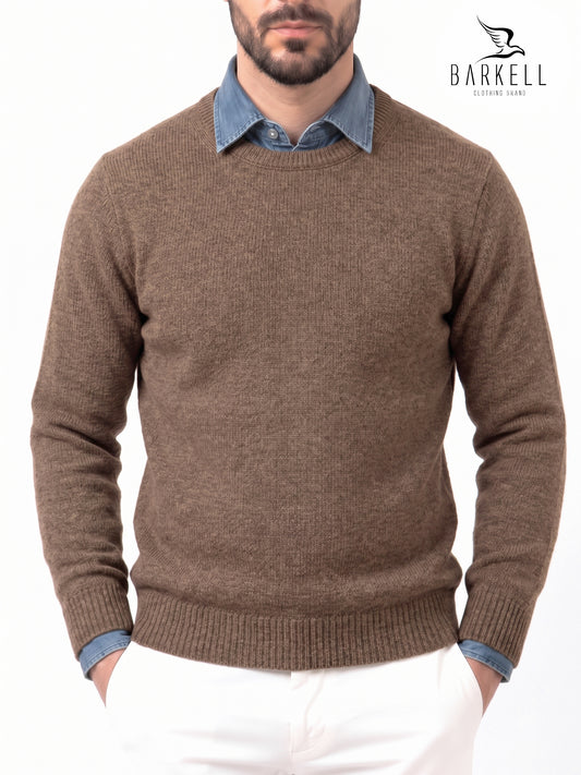 Pull col rond ocre en laine mélangée avec 5% cachemire