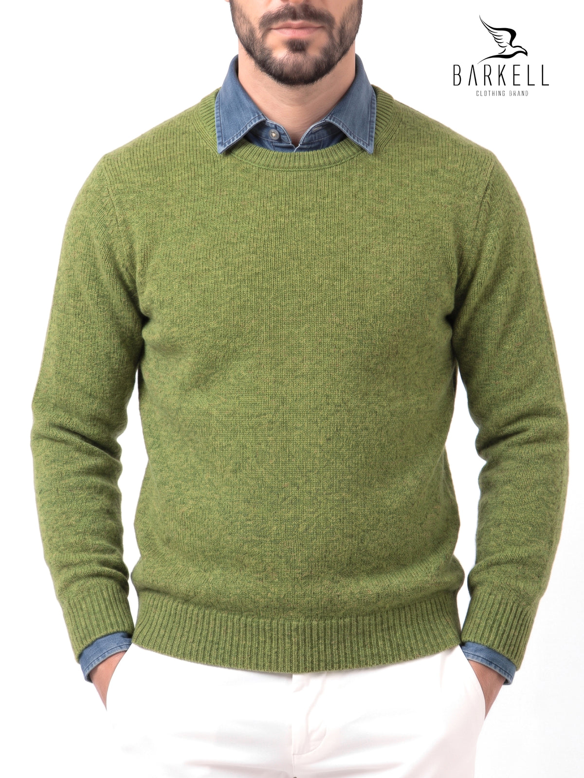 Ocher-colored crew-neck sweater in wool blend with 5% cashmere