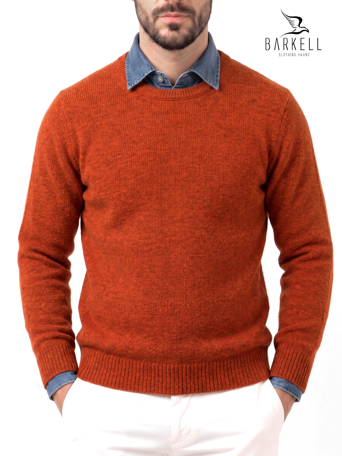 Ocher-colored crew-neck sweater in wool blend with 5% cashmere