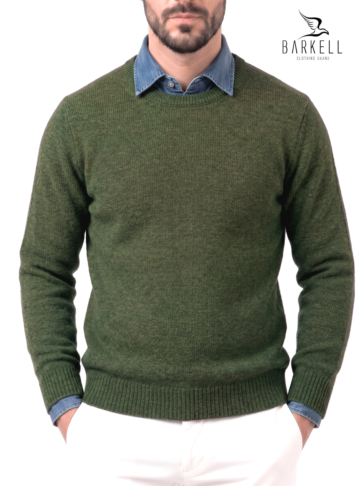 Ocher-colored crew-neck sweater in wool blend with 5% cashmere