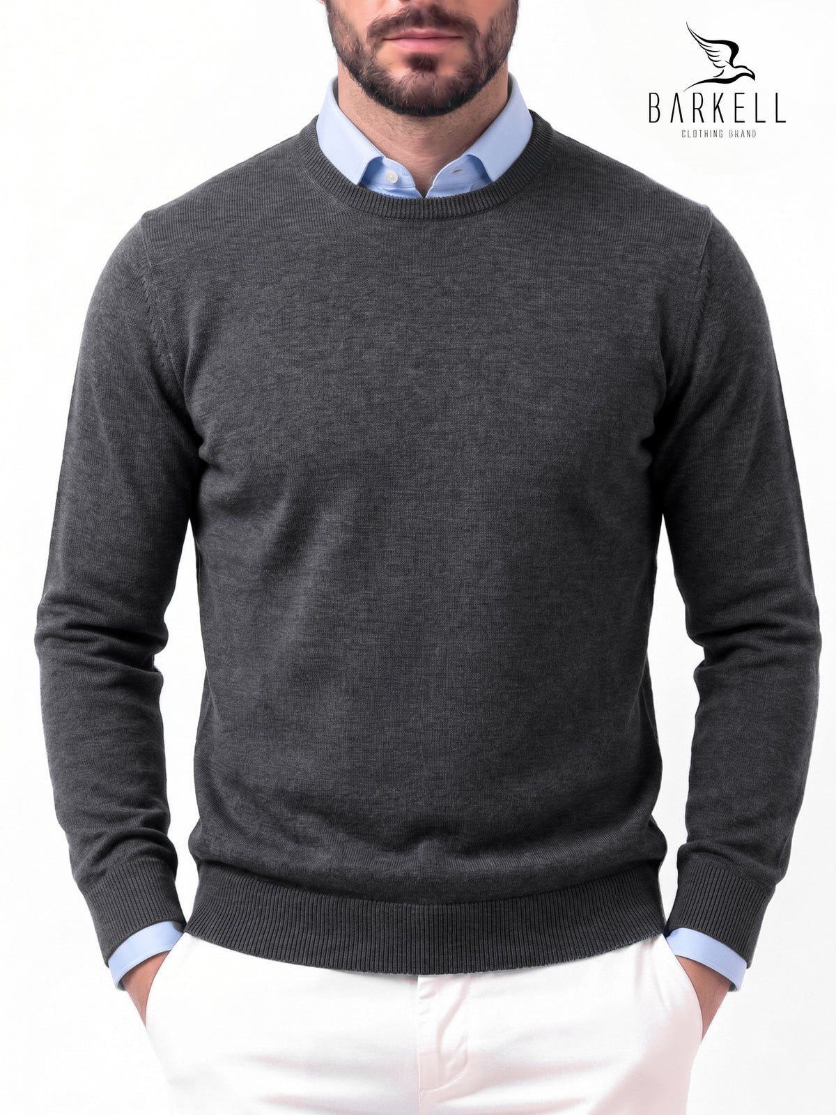 Pull col rond en pure laine mérinos extrafine de couleur anthracite