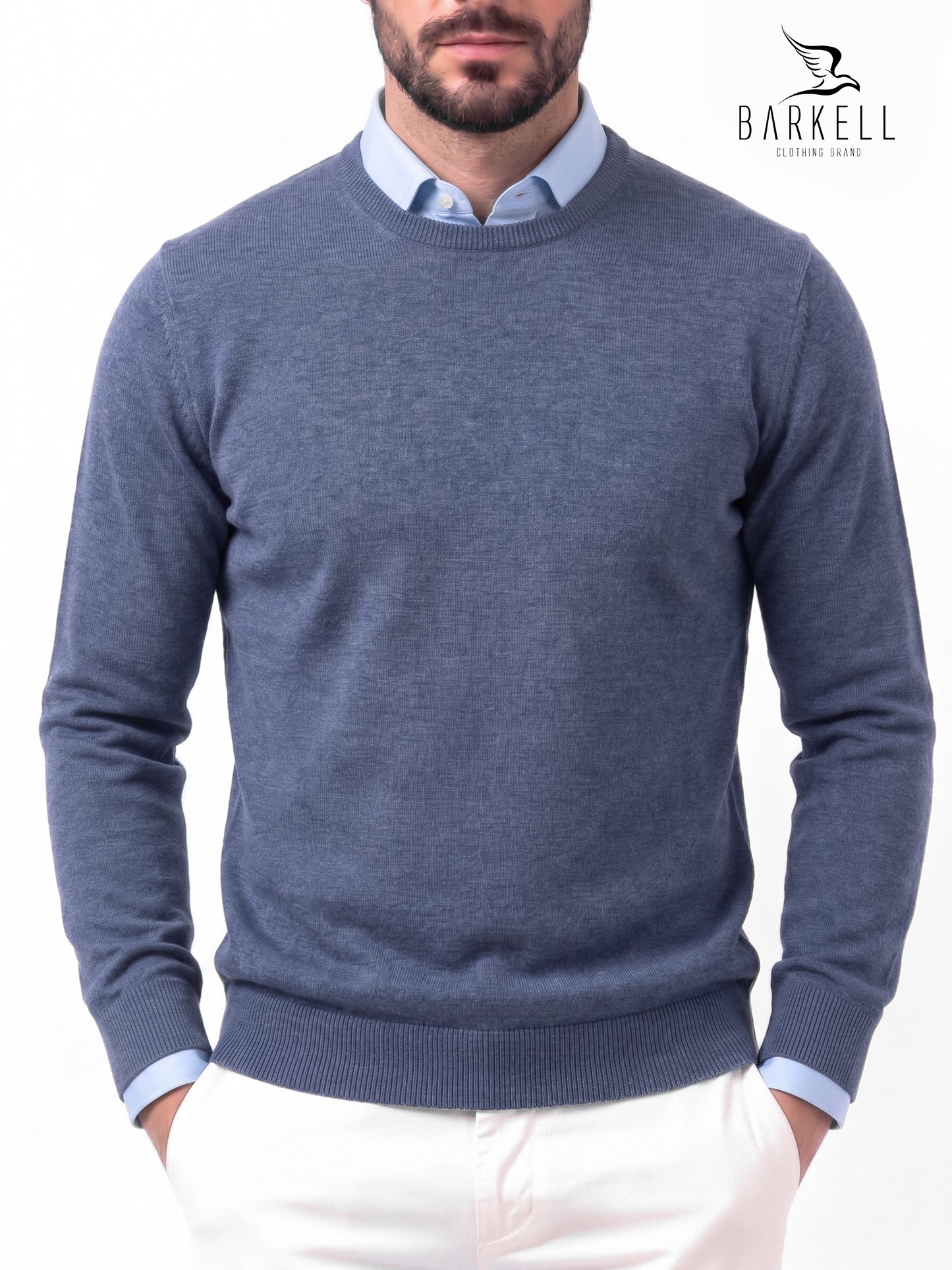 Pull col rond en pure laine mérinos extrafine coloris avio