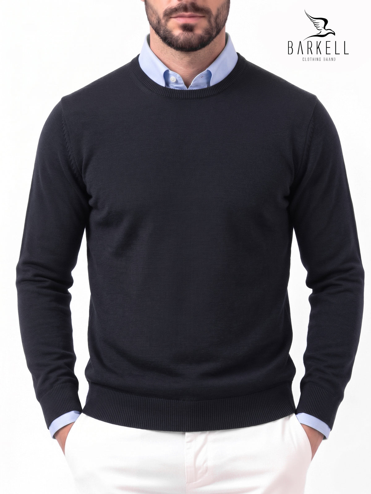 Jersey de cuello redondo de pura lana merino extrafina en azul