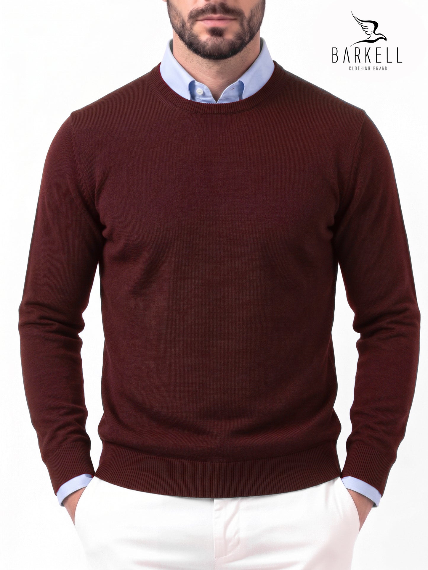 Pull col rond en pure laine mérinos extrafine de couleur bordeaux