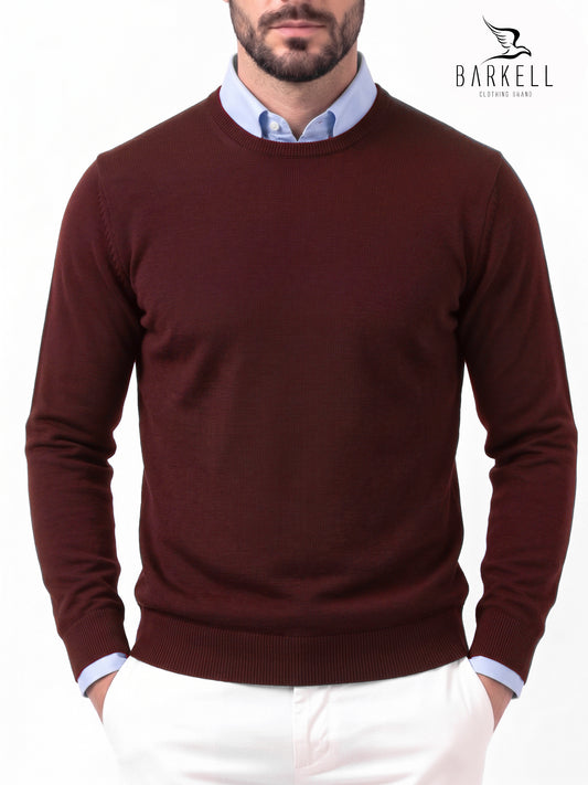 Jersey de cuello redondo de pura lana merino extrafina en color burdeos