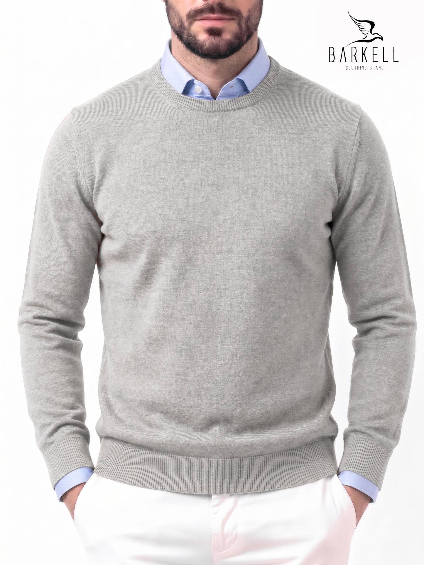 Round neck sweater in pure extrafine merino wool in light grey