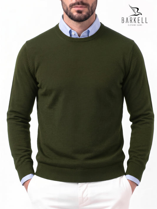Pull col rond en pure laine mérinos extrafine de couleur militaire