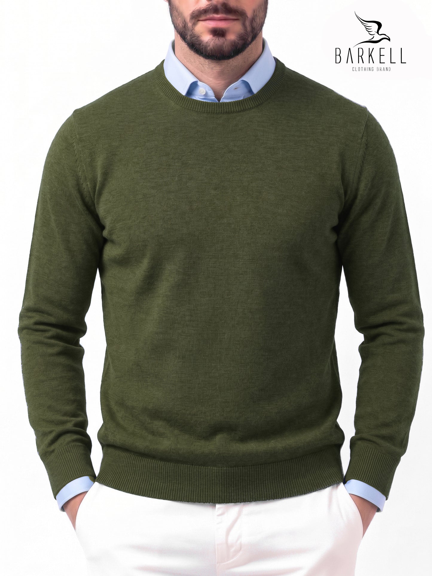 Pull col rond en Pure Laine Mérinos Extrafine de couleur Vert Mousse