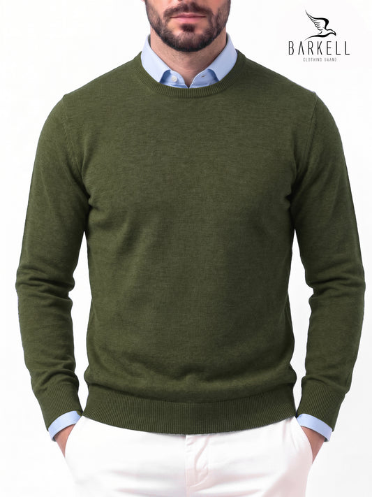 Jersey de cuello redondo en Pura Lana Merino Extrafina color Verde Musgo