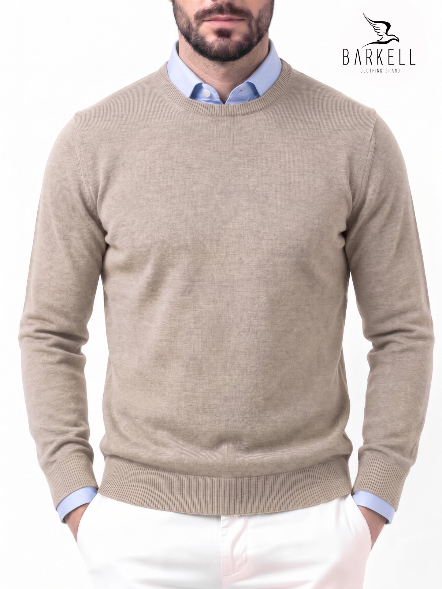 Crew-neck sweater in pure extrafine merino wool in dove grey