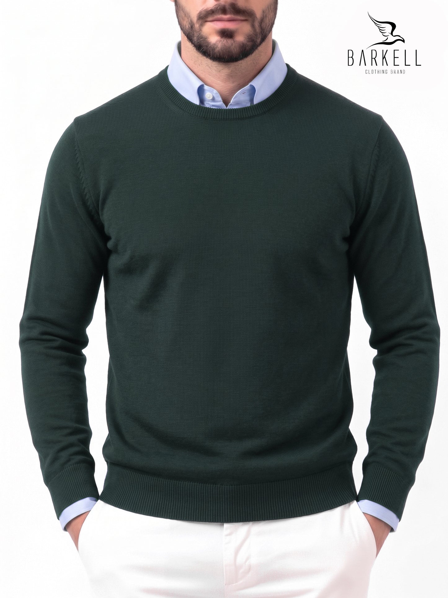 Pull col rond en pure laine mérinos extrafine de couleur vert