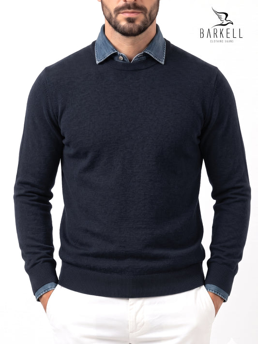 Maglia Girocollo Rasata in Misto Lana con 10% di Cashmere Color Blu