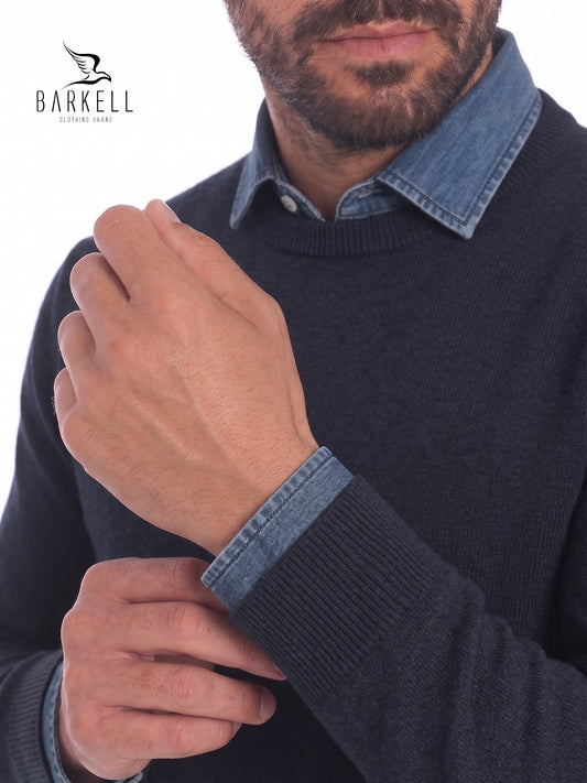 Maglia Girocollo Rasata in Misto Lana con 10% di Cashmere Color Blu
