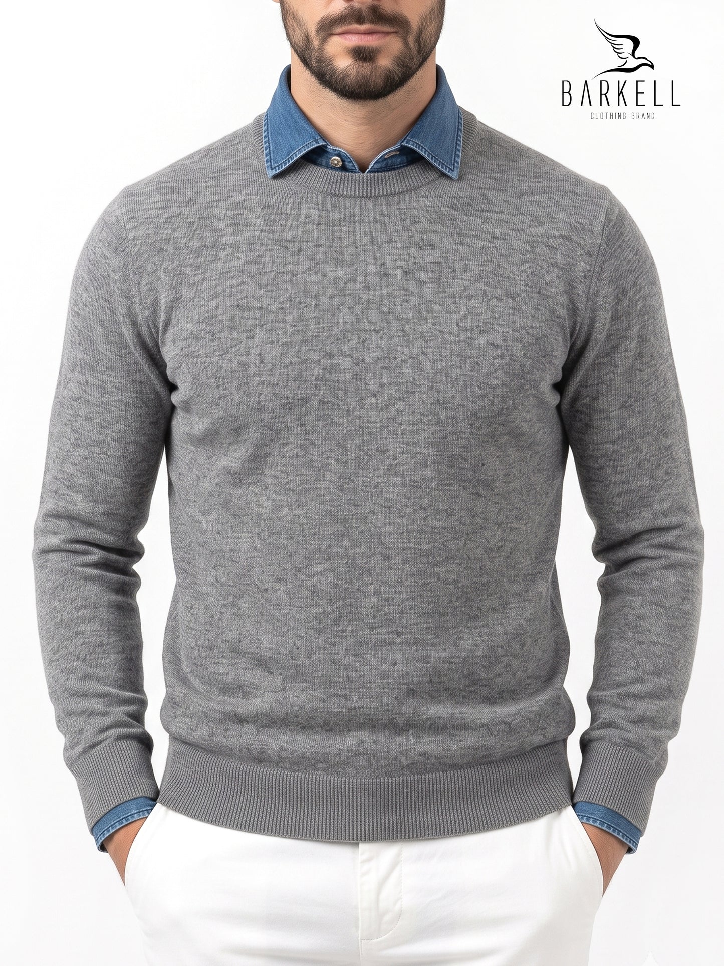 Jersey de cuello redondo en color beige de mezcla de lana con 10% cashmere