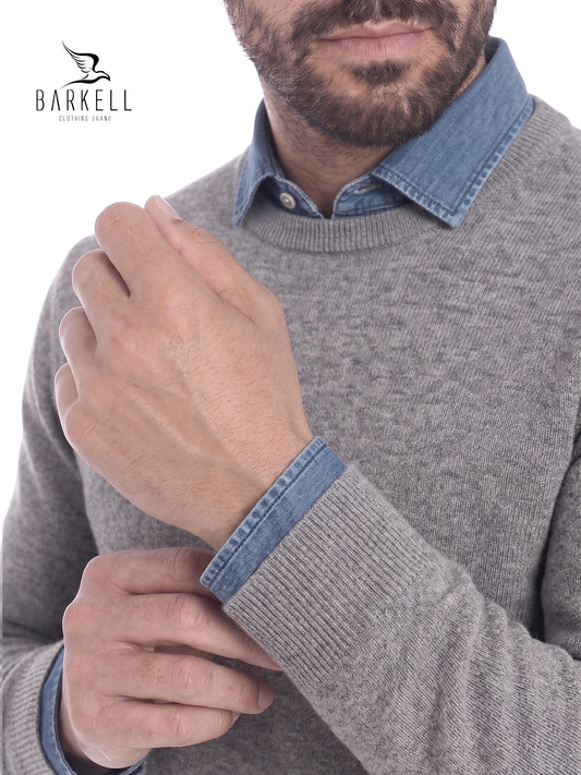 Maglia Girocollo Rasata in Misto Lana con 10% di Cashmere Color Grigio