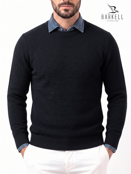 Crewneck Cob Stitch Sweater in Blue Wool Blend