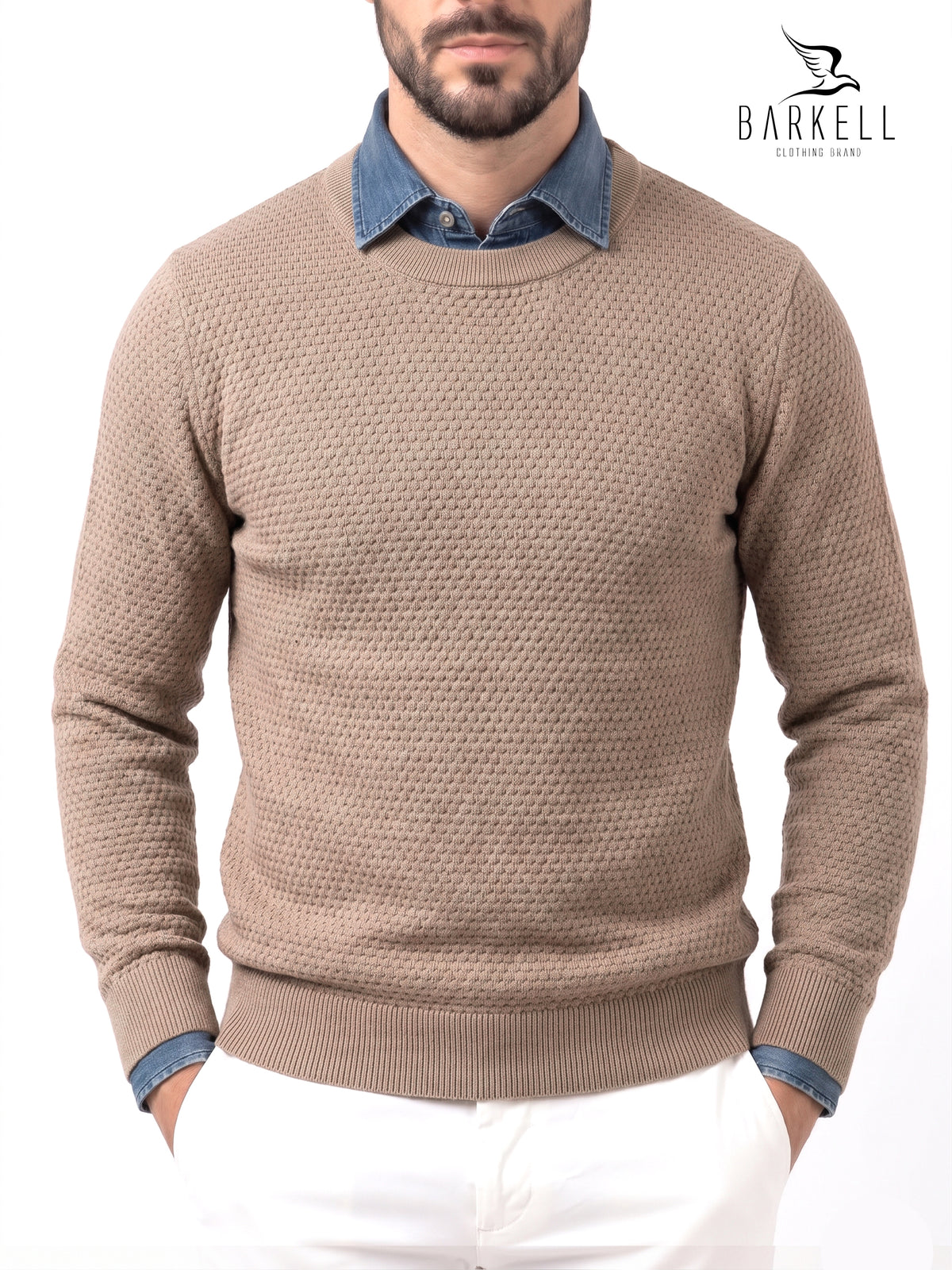 Cob Stitch Crew Neck Sweater in Camel Color Wool Blend