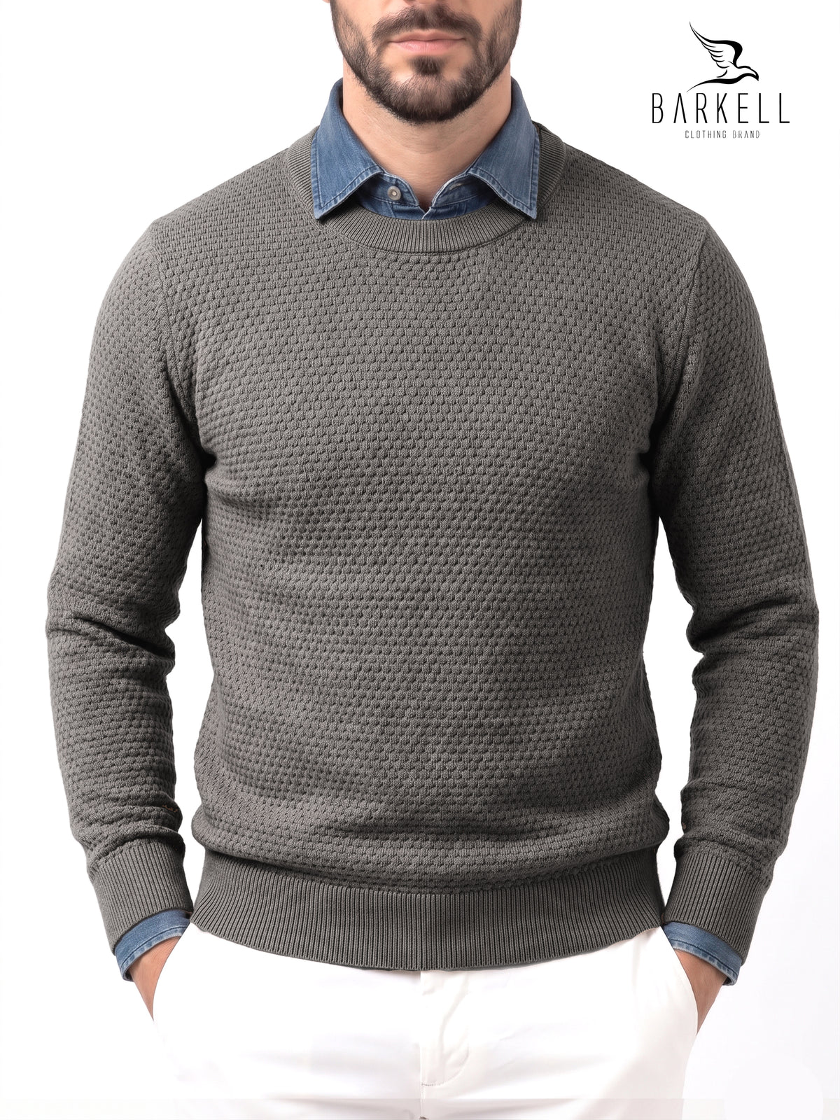Crewneck Cob Stitch Sweater in Gray Wool Blend