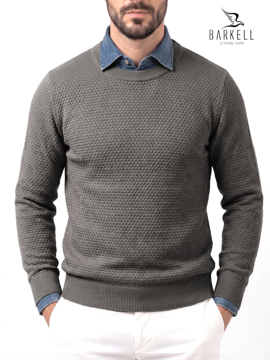 Crewneck Cob Stitch Sweater in Gray Wool Blend