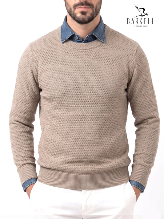 Crew-neck cob stitch sweater in sand-colored wool blend