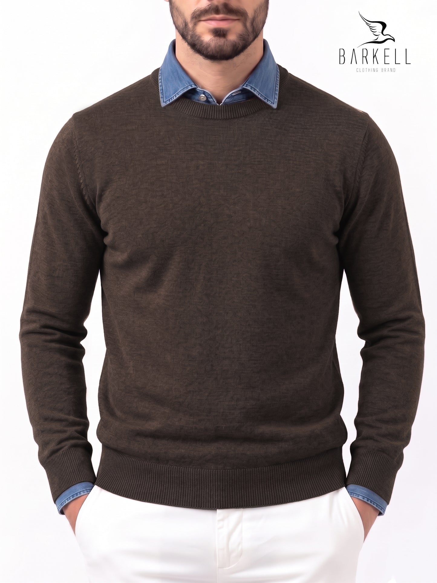 Beige-colored round-neck sweater in wool blend with 10% cashmere