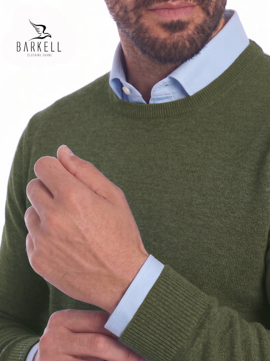 Jersey de cuello redondo en Pura Lana Merino Extrafina color Verde Musgo